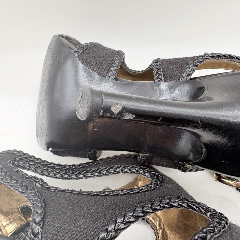 Tahari Lexie Black Canvas Braided Trim Heeled Sandals Size 8.5‎ M Gold Buckle - Picture 11 of 12